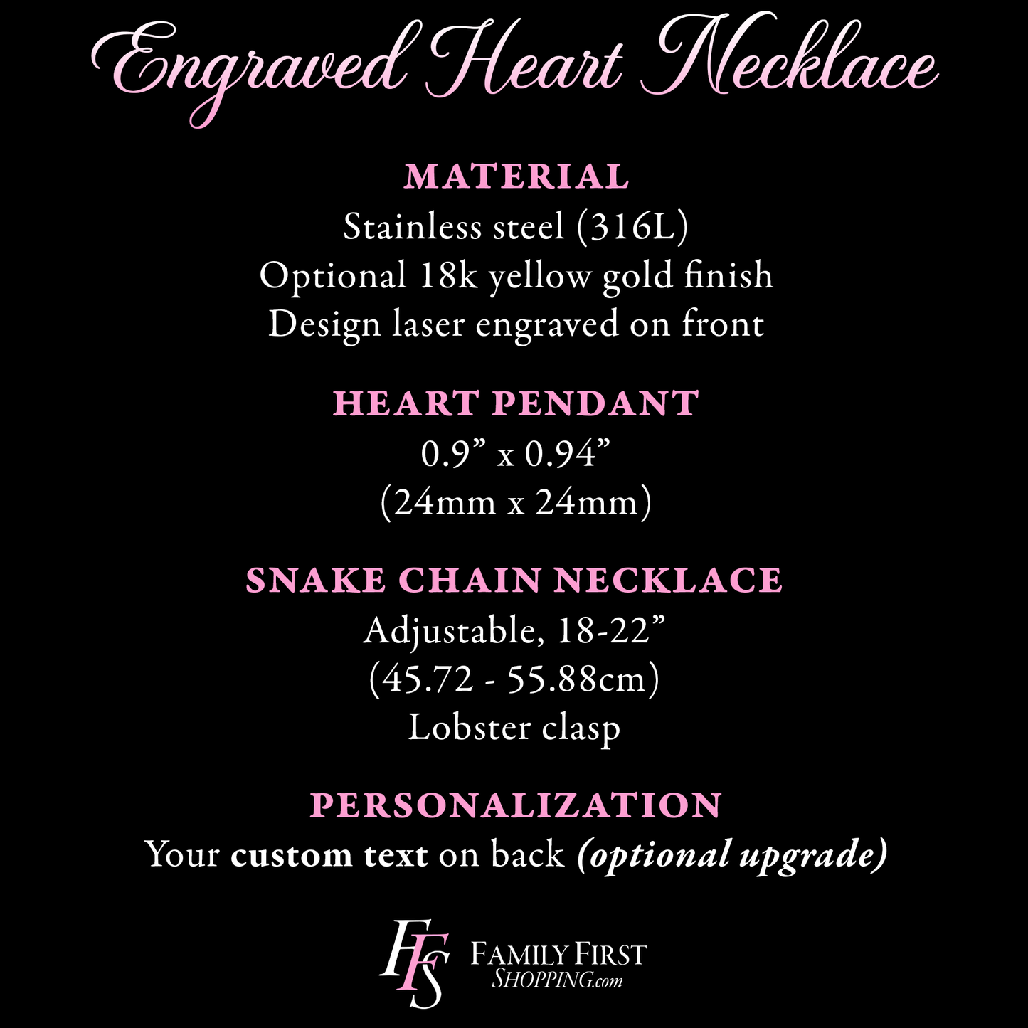 The image is an advertisement for a personalized engraved heart necklace. It provides details about the materials, design, and customization options for the necklace.