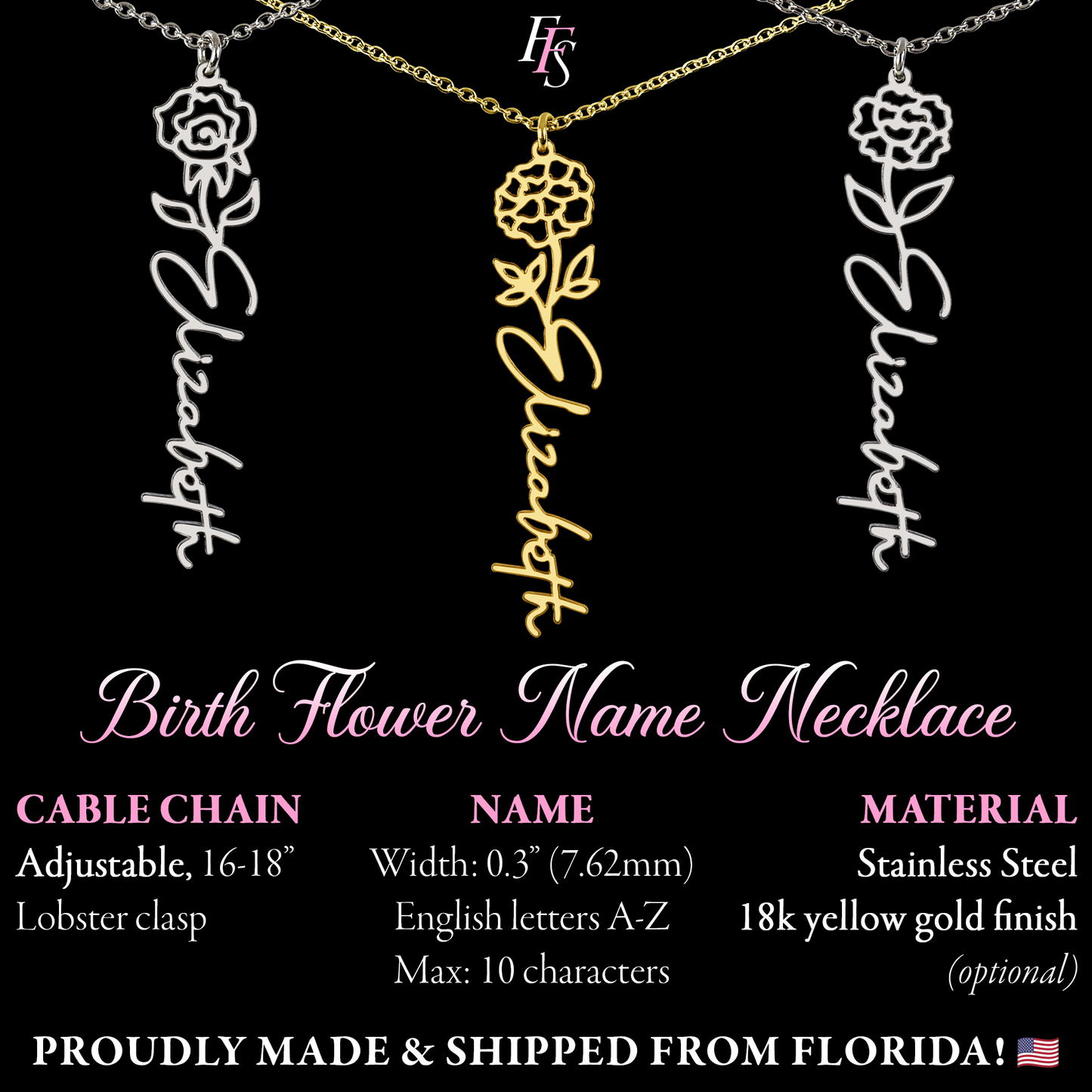 3 places (Plural) - Birth Flower Name Necklace - Cheerleader
