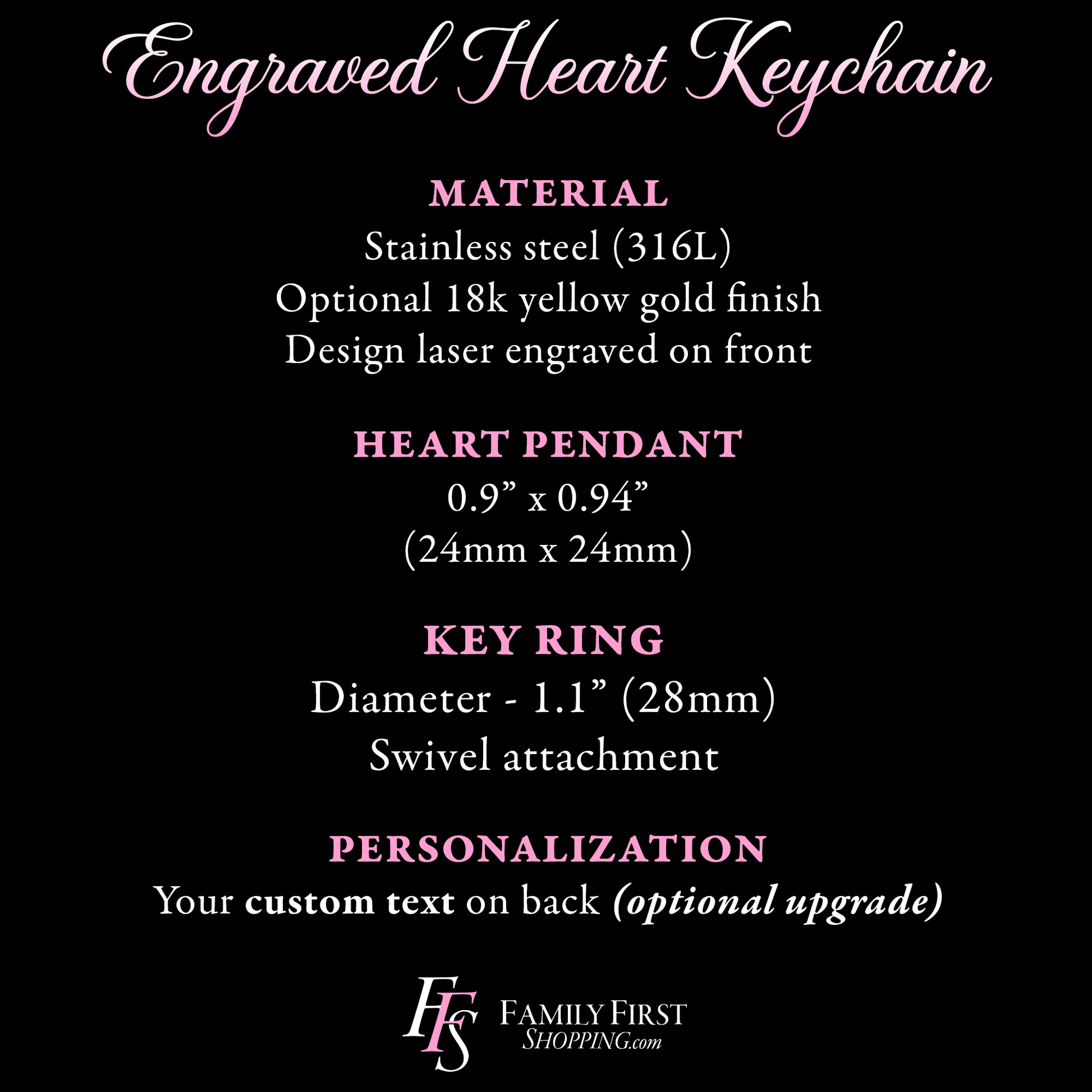 The image is an engraved heart keychain with various details about its material, design, and customization options.