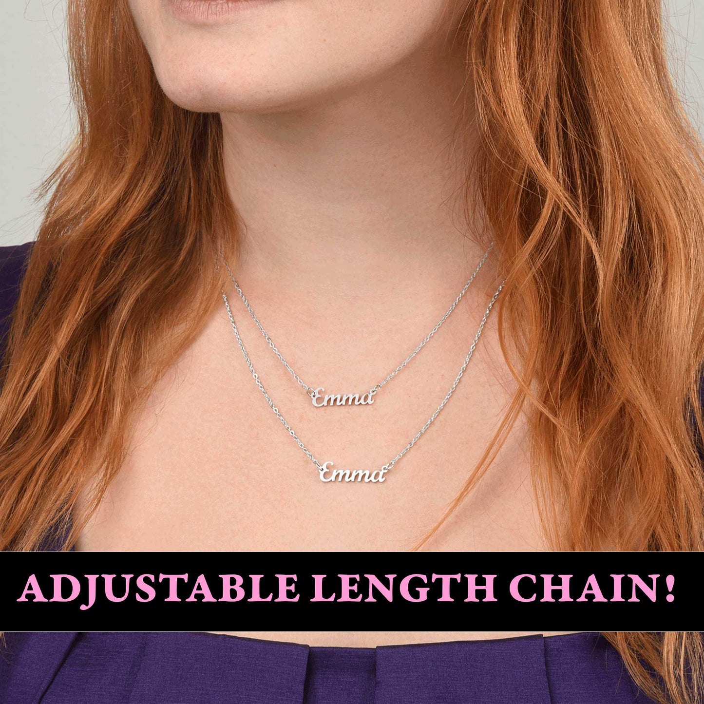 A close-up of a woman's neck with two necklaces, one of which has the name "Emma" engraved on it.