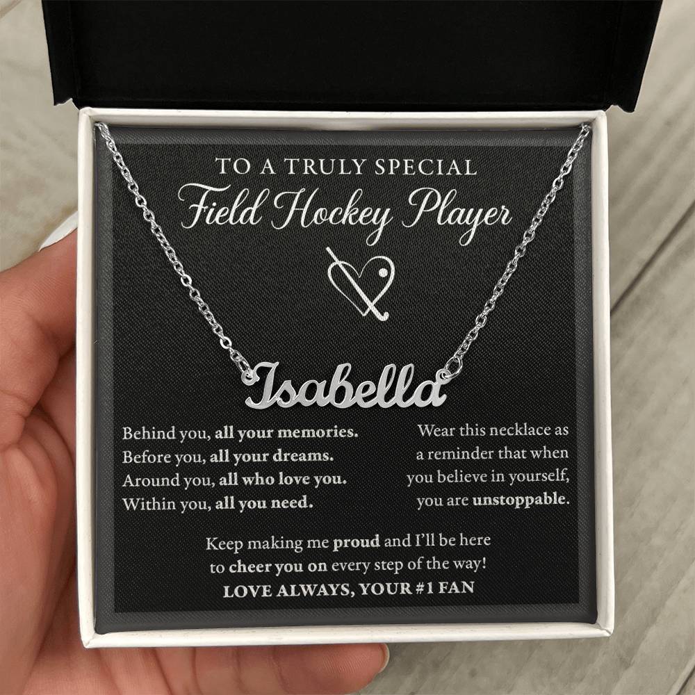 Behind you - Name Necklace - Field Hockey