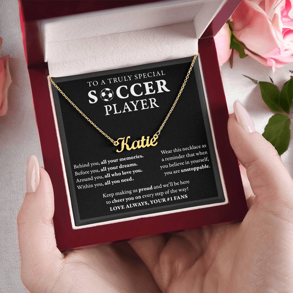 Behind you (Plural) - Name Necklace - Soccer
