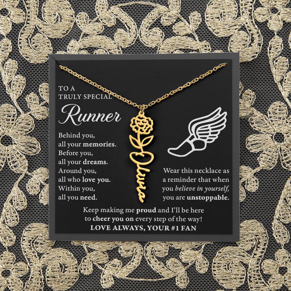 Cross Country runner - Behind Unstoppable - Flower Name Necklace