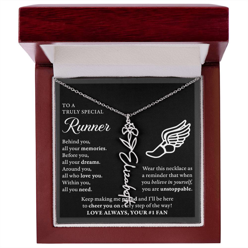 Cross Country runner - Behind Unstoppable - Flower Name Necklace