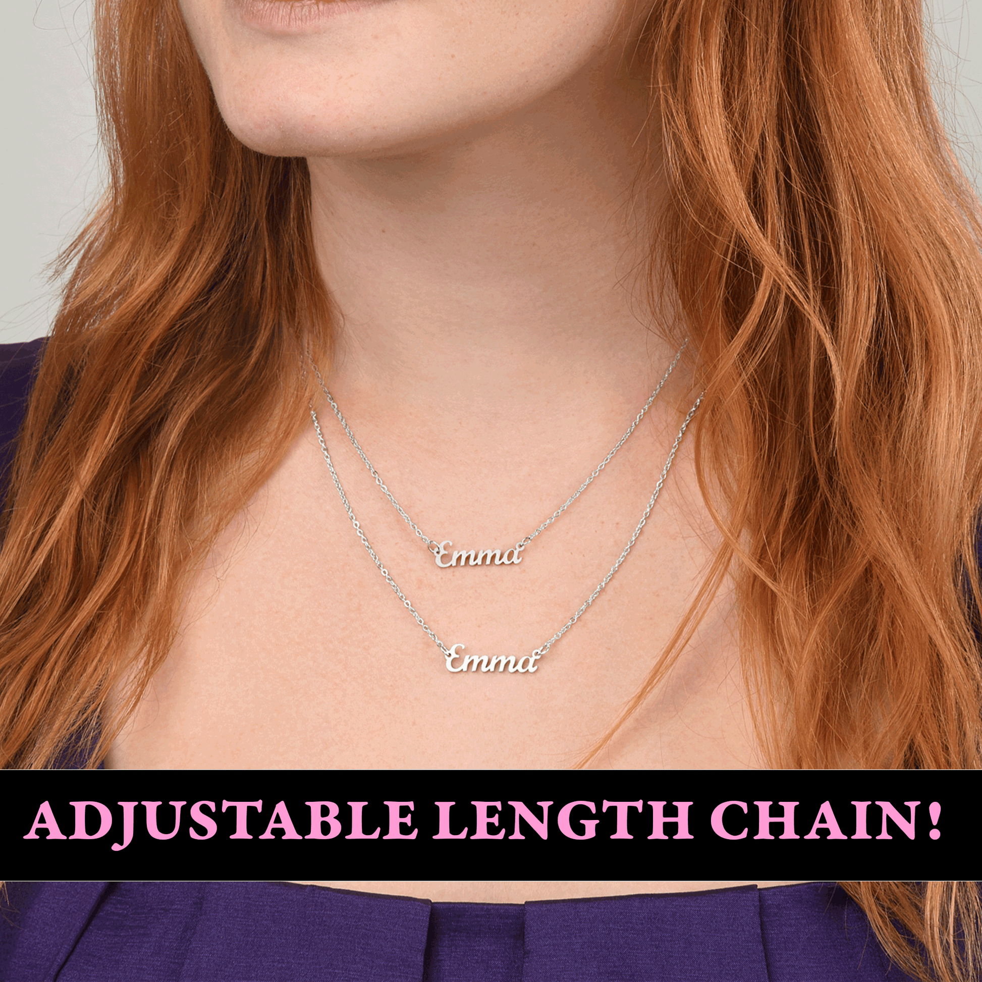 A close-up of a woman's neck with two necklaces, one of which has the name "Emma" engraved on it.