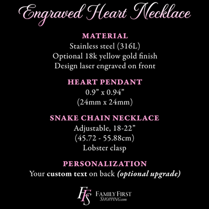 The image is an advertisement for a personalized engraved heart necklace. It provides details about the materials, design, and customization options for the necklace.