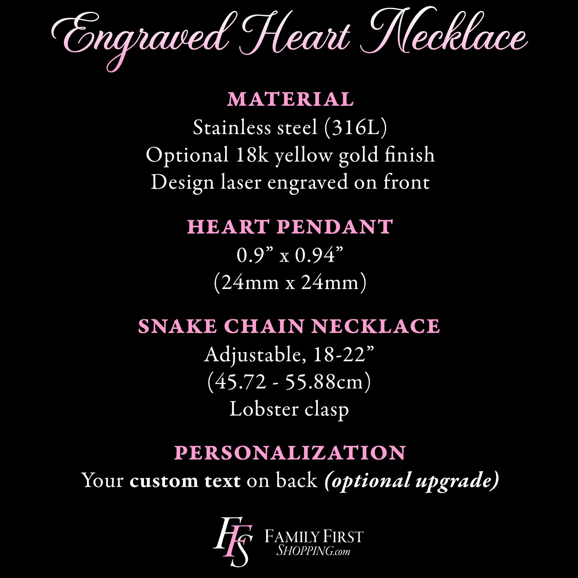 The image is an advertisement for a personalized engraved heart necklace. It provides details about the materials, design, and customization options for the necklace.