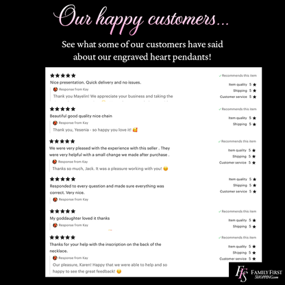 a collection of customer reviews for a business, specifically a company that sells engraved heart pendants. The reviews express satisfaction with the company's products and services, including a presentation, a good quality chain, and a pleasant customer service experience. The reviews also mention the company's ability to help customers with the back of the product and the company's commitment to customer satisfaction.