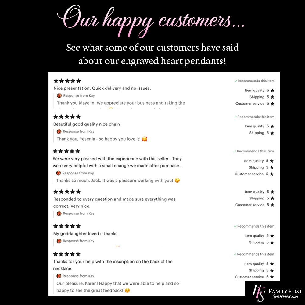 a collection of customer reviews for a business, specifically a company that sells engraved heart pendants. The reviews express satisfaction with the company's products and services, including a presentation, a good quality chain, and a pleasant customer service experience. The reviews also mention the company's ability to help customers with the back of the product and the company's commitment to customer satisfaction.