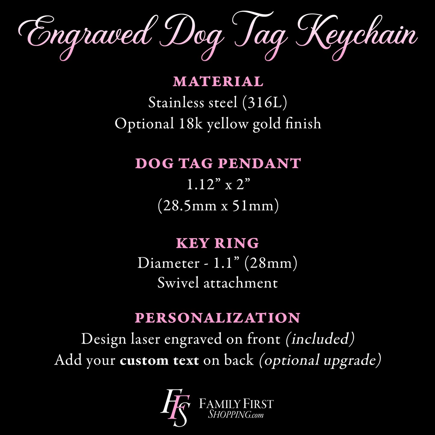 The image is a promotional image for a product called "Engraved Dog Tag Keychain". It features a close-up view of the product, including details such as the material, size, and personalization options.