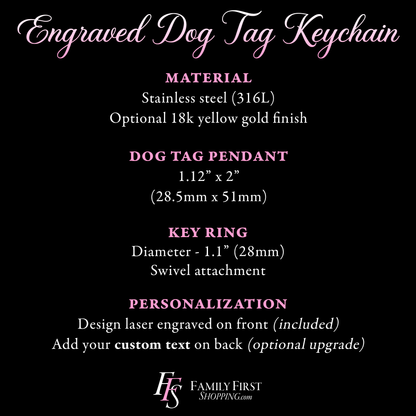 The image is a promotional image for a product called "Engraved Dog Tag Keychain". It features a close-up view of the product, including details such as the material, size, and personalization options.