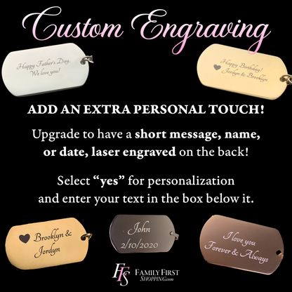a collection of personalized engraved tags, each with a unique message. The tags are designed to be added as an extra personal touch to a gift, allowing the recipient to customize the message and the date. The tags are arranged in a grid, with each one featuring a different message, such as "Happy Father's Day We love you!" and "I love you Forever & Always". The image does not contain any text that is too long or too vague, and it does not describe each individual tag separately.
