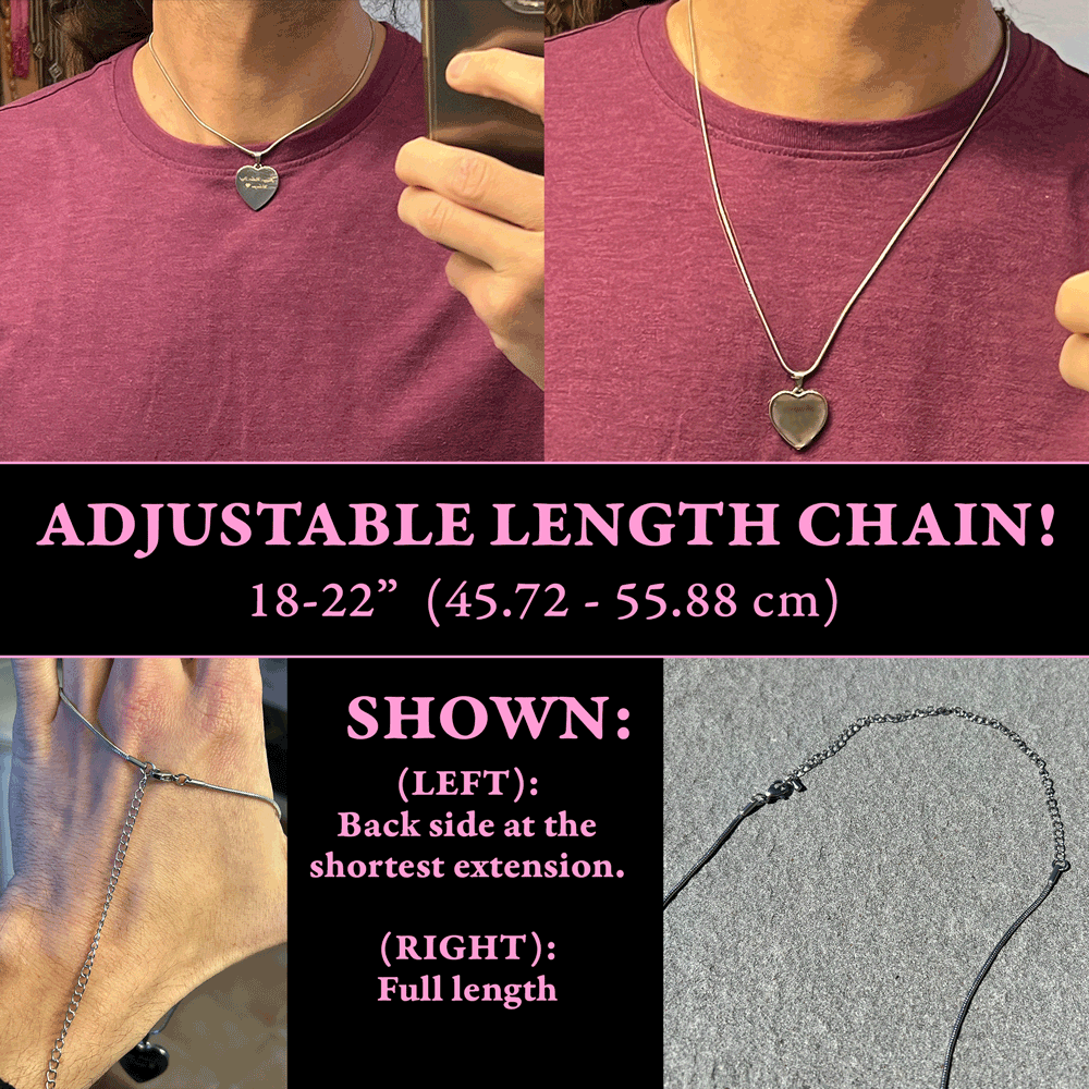 The image is a collage of three photos showing a person wearing a heart-shaped pendant necklace with adjustable length chain. The photos provide a close-up view of the necklace and the person's neck, as well as a full-length view of the necklace.