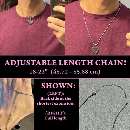 The image is a collage of three photos showing a person wearing a heart-shaped pendant necklace with adjustable length chain. The photos provide a close-up view of the necklace and the person's neck, as well as a full-length view of the necklace.