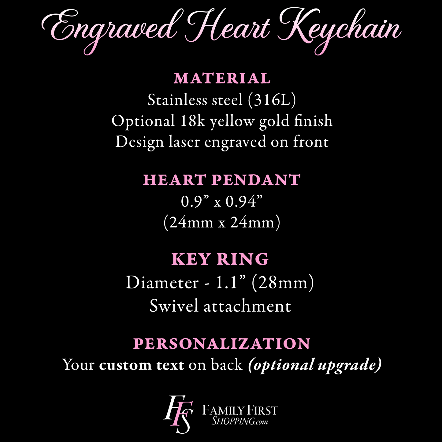 The image is an engraved heart keychain with various details about its material, design, and customization options.