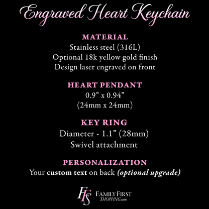 The image is an engraved heart keychain with various details about its material, design, and customization options.