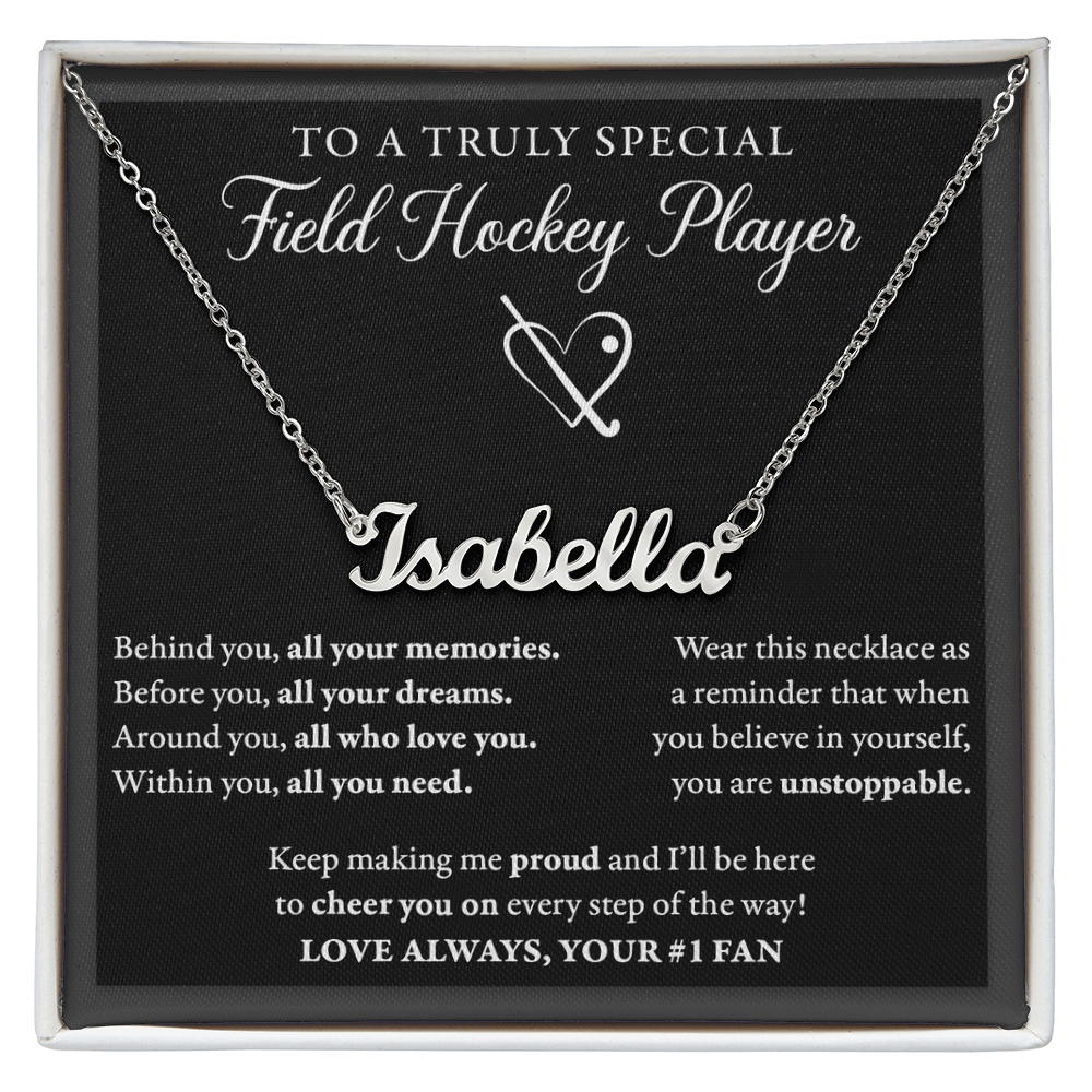 Behind you - Name Necklace - Field Hockey