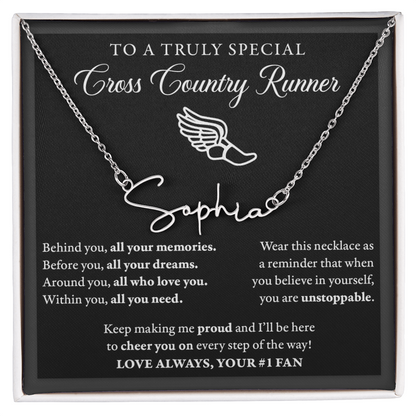 Behind Unstoppable - Signed Name Necklace - Cross Country