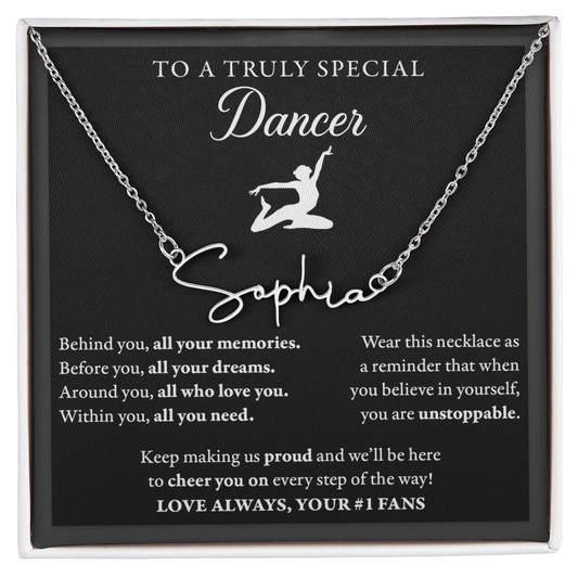 Behind Unstoppable (Plural) - Signed Name Necklace - Dance
