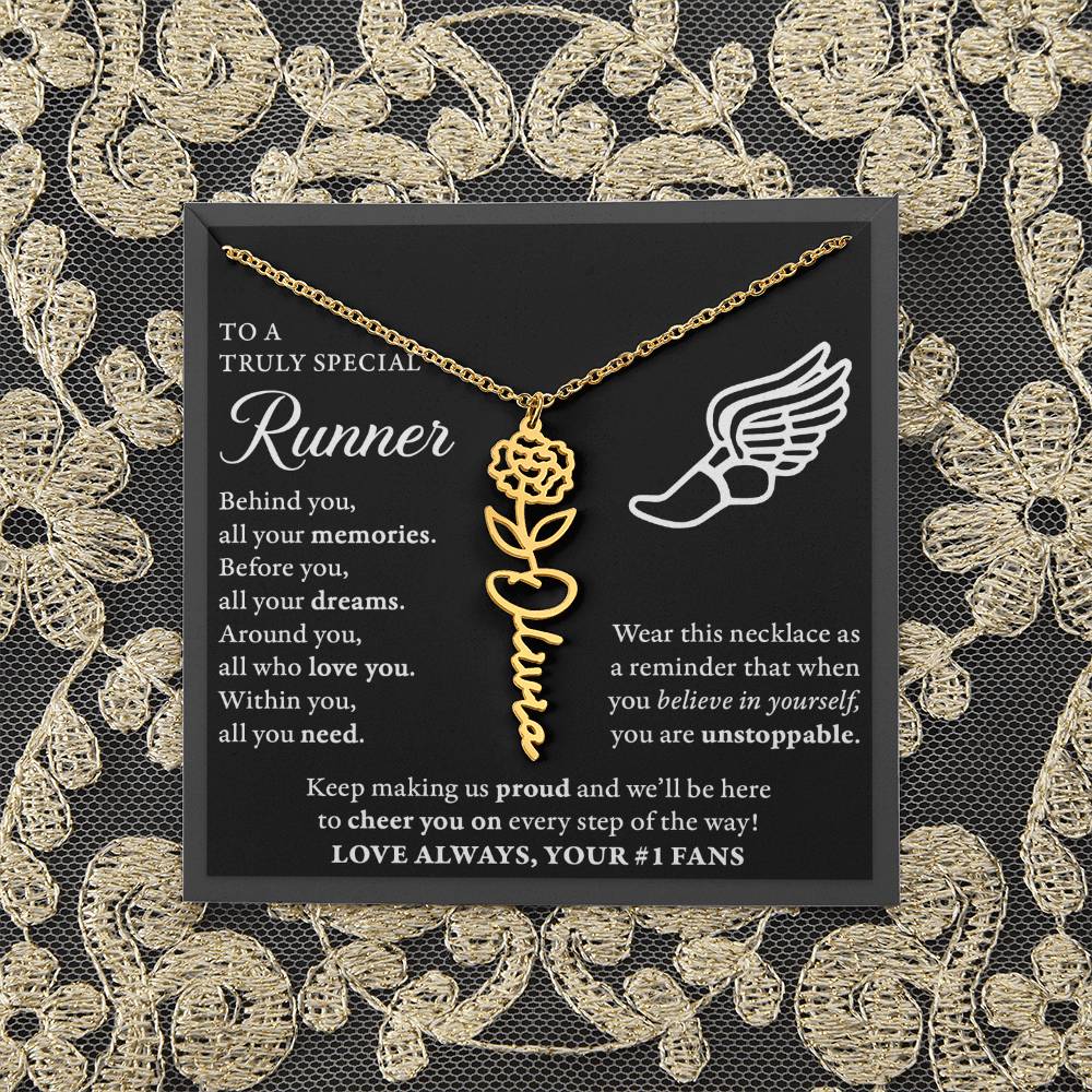 Cross country runner - Behind Unstoppable Plural - Flower Name Necklace