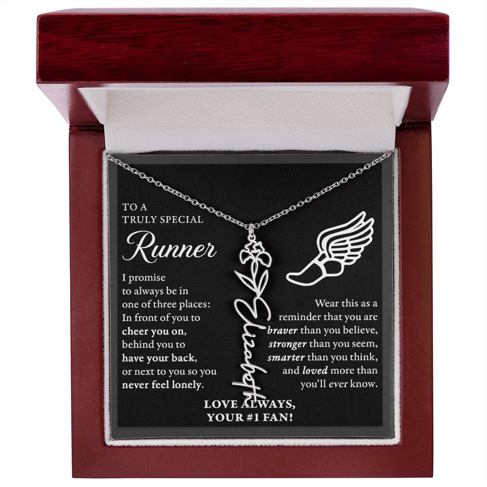 Cross Country runner - 3 places Braver - Flower Name Necklace