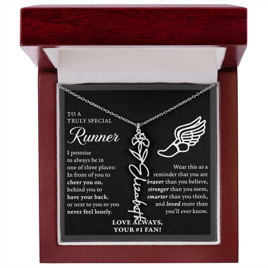 Cross Country runner - 3 places Braver - Flower Name Necklace