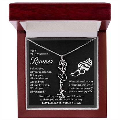 Cross Country runner - Behind Unstoppable - Flower Name Necklace