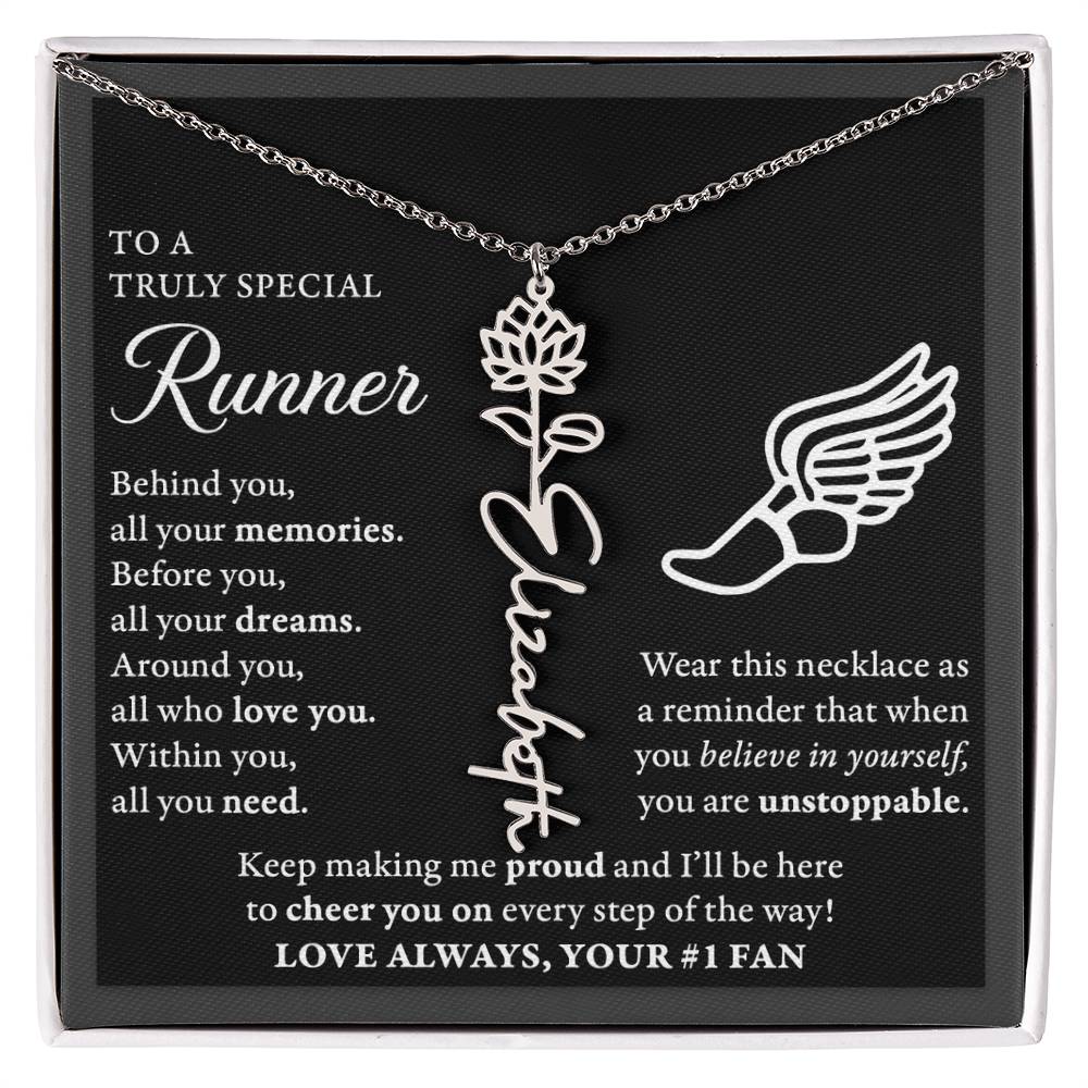 Cross Country runner - Behind Unstoppable - Flower Name Necklace