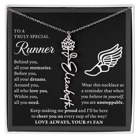 Cross Country runner - Behind Unstoppable - Flower Name Necklace