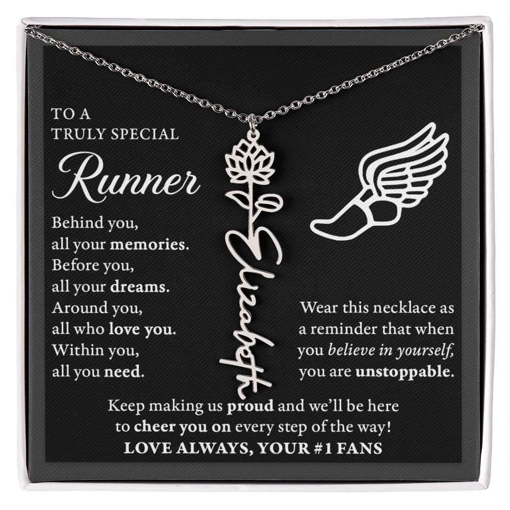 Cross country runner - Behind Unstoppable Plural - Flower Name Necklace