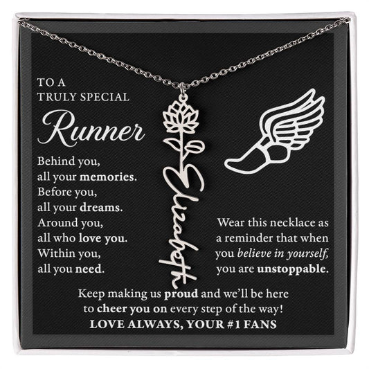 Cross country runner - Behind Unstoppable Plural - Flower Name Necklace