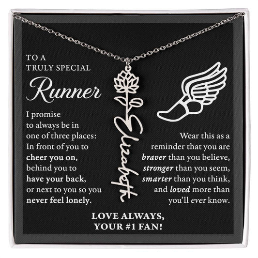 Cross Country runner - 3 places Braver - Flower Name Necklace