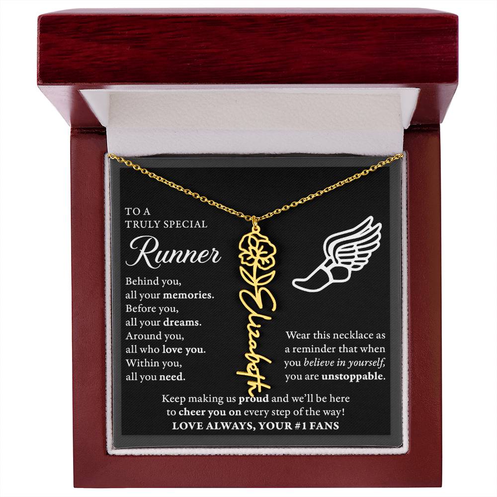 Cross country runner - Behind Unstoppable Plural - Flower Name Necklace