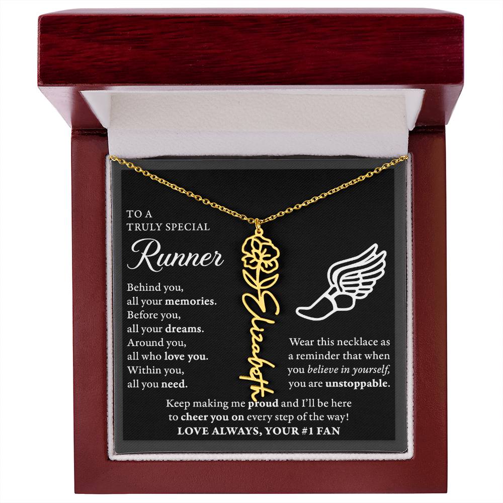 Cross Country runner - Behind Unstoppable - Flower Name Necklace