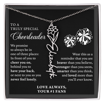 3 places (Plural) - Birth Flower Name Necklace - Cheerleader