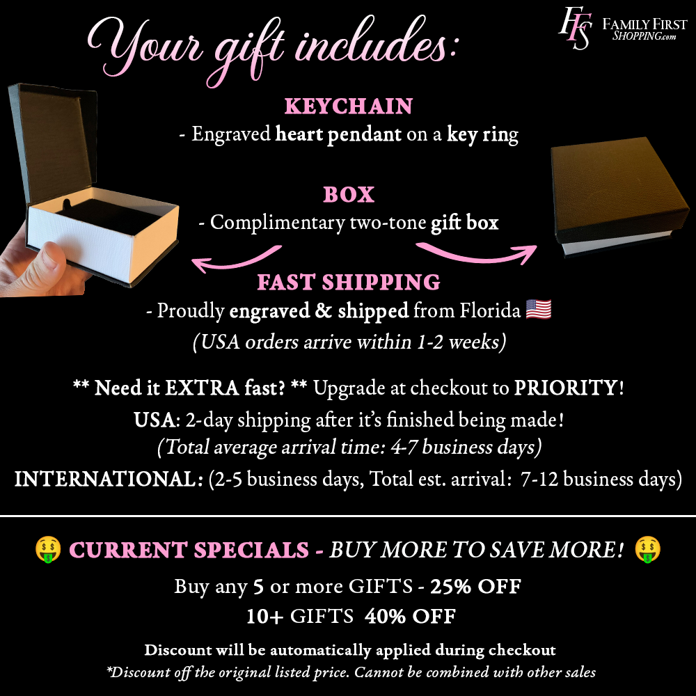 The image is an advertisement for a gift set, featuring a keychain and a box. The text highlights the features of the gift set, including the engraved heart pendant on a key ring, the complimentary two-tone gift box, and fast shipping. The ad also mentions an extra fast upgrade at checkout to priority and a discount on gifts.