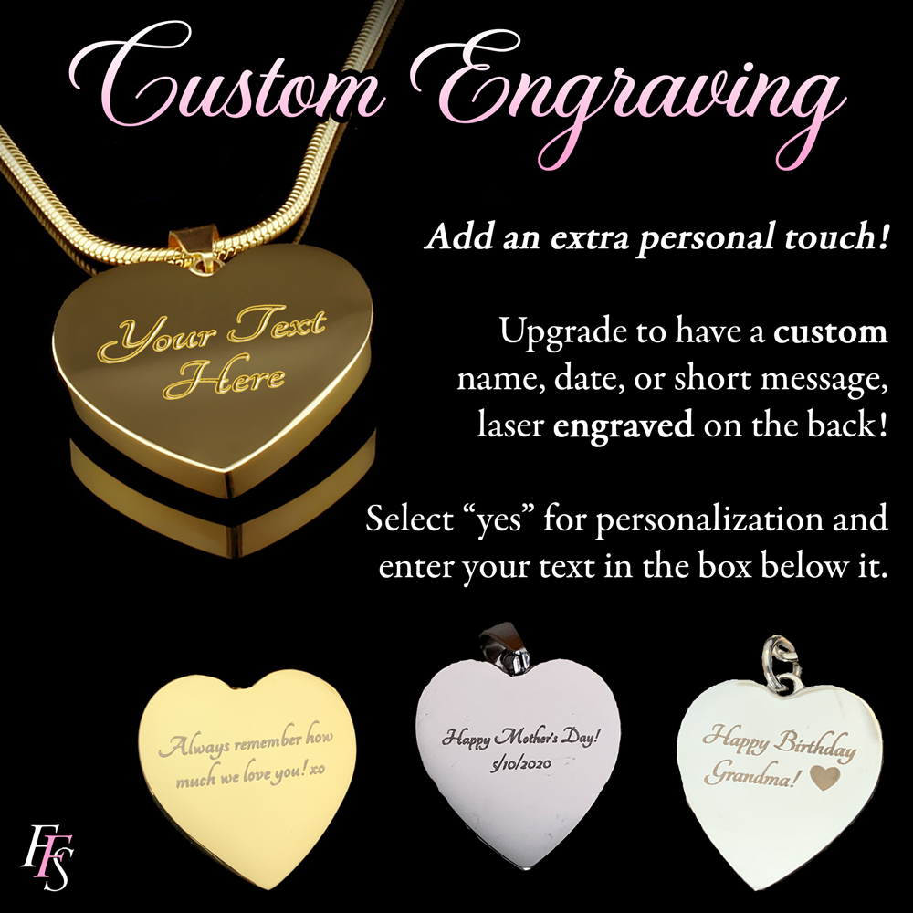 a necklace with a heart-shaped pendant engraved with personalized text. The pendant is accompanied by three smaller heart-shaped pendants with different messages engraved on them. The image also includes text that encourages customizing the pendant with text, such as a custom name, date, or short message, and suggests that the pendant can be laser engraved on the back.