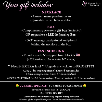 The image is a promotional advertisement for a gift package, featuring a necklace and a box. The text provides details about the gift package, including the necklace, the box, fast shipping, and current special offers.
