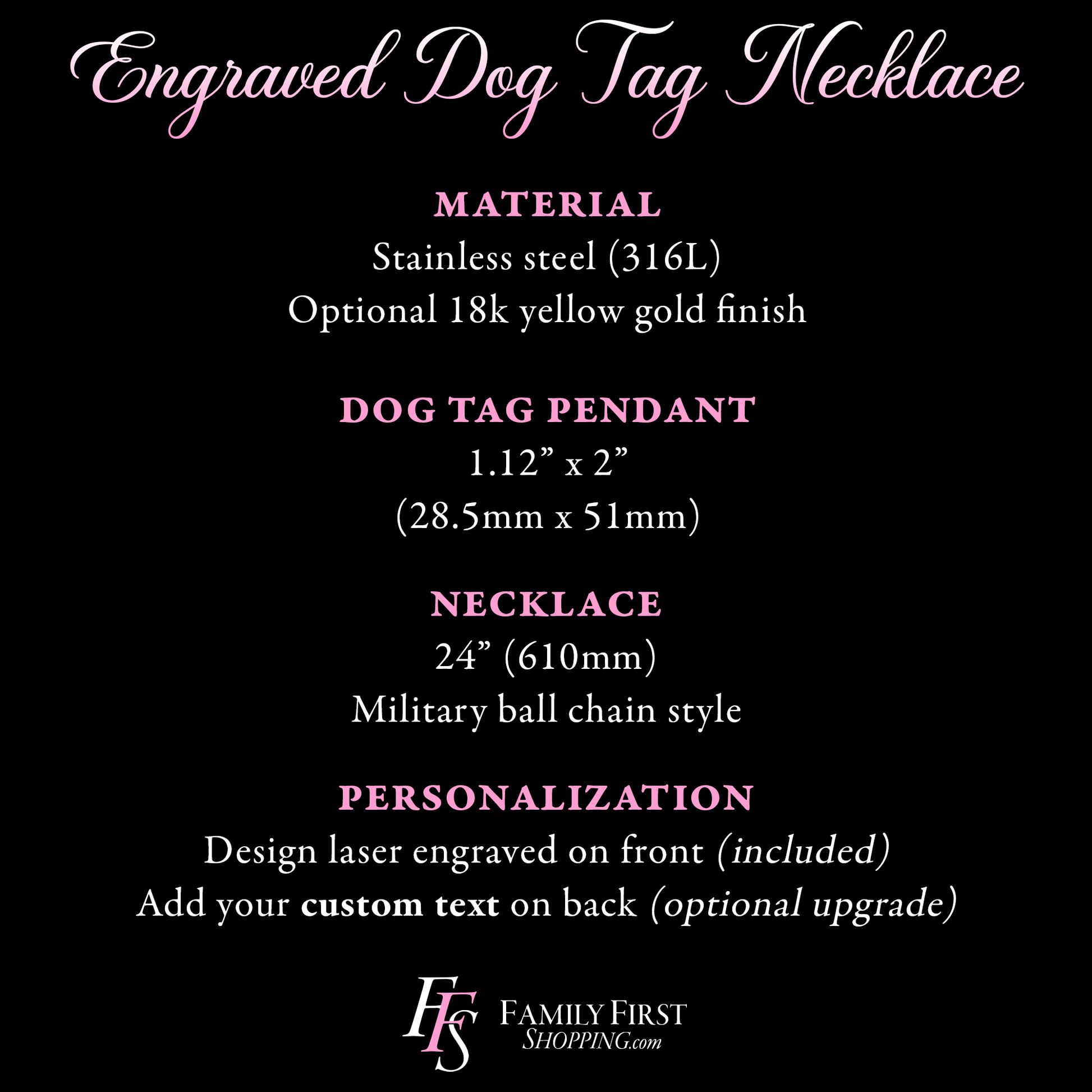 The image is an advertisement for an engraved dog tag necklace. It provides details about the materials, design, and personalization options for the necklace.