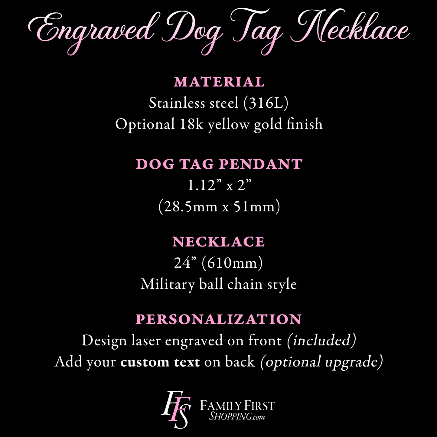 The image is an advertisement for an engraved dog tag necklace. It provides details about the materials, design, and personalization options for the necklace.