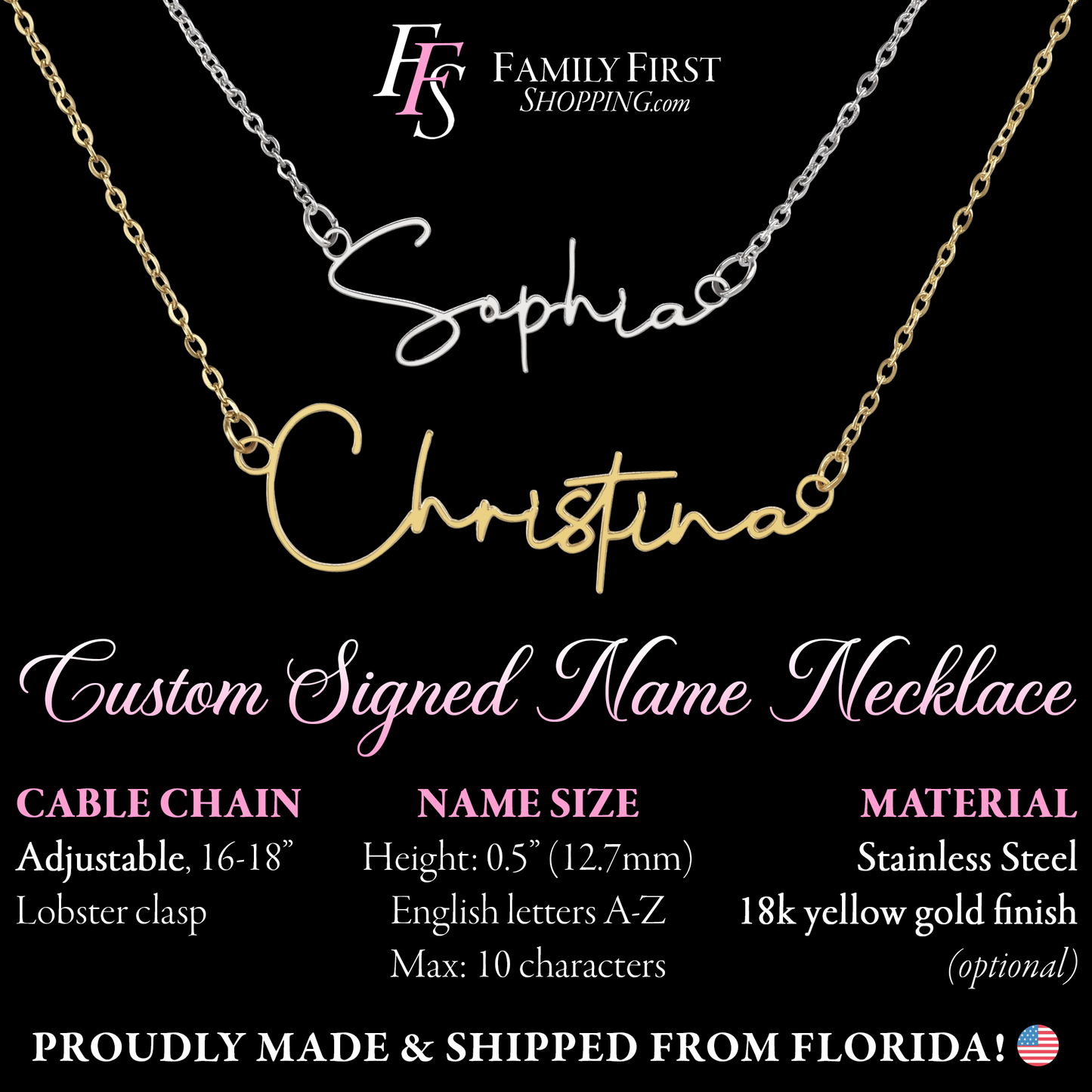 The image is a promotional advertisement for a custom-signed name necklace. It features two necklaces with the name "Sophia" engraved on them, and it provides details about the necklace, including the material, name size, and the fact that it is proudly made and shipped from Florida.
