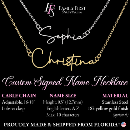 The image is a promotional advertisement for a custom-signed name necklace. It features two necklaces with the name "Sophia" engraved on them, and it provides details about the necklace, including the material, name size, and the fact that it is proudly made and shipped from Florida.