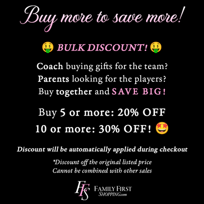 The image is a promotional advertisement for a bulk discount on gifts, featuring a pink background with white text and two smiley faces.