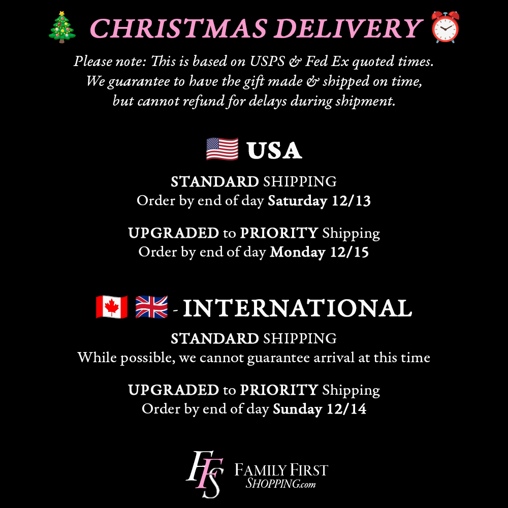 The image is a Christmas delivery notice from FFS Family Shopping, featuring the flags of the United States and Canada, and providing details about the shipping options for international deliveries.