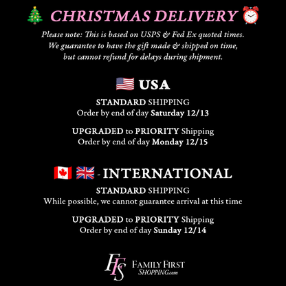 The image is a Christmas delivery notice from FFS Family Shopping, featuring the flags of the United States and Canada, and providing details about the shipping options for international deliveries.